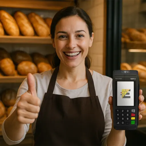 Installation simple, satisfaction garantie : la sérénité au quotidien avec le Desk 5000. Une commerçante souriante et heureuse, installant facilement un terminal de paiement fixe Ingenico Desk 5000 sur son comptoir.