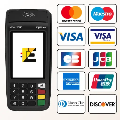 Acceptez les paiements de tous vos clients, français et internationaux, grâce au Move 5000. Le TPE Ingenico Move 5000 compatible avec toutes les cartes bancaires : CB, Visa, Mastercard, AMEX, UnionPay, JCB, et autres réseaux internationaux.