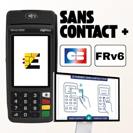 Encaissez les paiements sans contact de plus de 50 € en toute sécurité avec le Move 5000 et la norme FRv6. Le TPE mobile Ingenico Move 5000, compatible avec la norme Sans Contact Plus FRv6 permettant le paiement avec saisie du code PIN (PIN Online).
