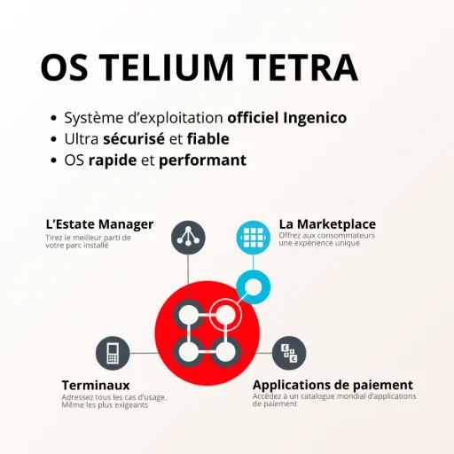 Infographie expliquant l'architecture sécurisée de l'OS Telium TETRA qui équipe les terminaux de paiement Ingenico Desk 5000 et Move 5000.