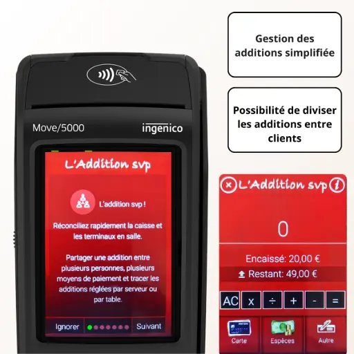 L'Addition SVP : La solution simple et professionnelle pour diviser les notes de groupe sans erreur et sans stress. Interface de l'application L'Addition SVP sur un terminal de paiement Ingenico, montrant la fonction de partage d'une note avec le solde restant à payer.