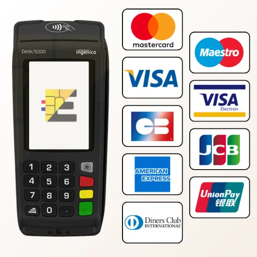 Infographie du terminal de paiement fixe Ingenico Desk 5000, mettant en avant son acceptation universelle des cartes (CB, Visa, AMEX...) et sa fiabilité.