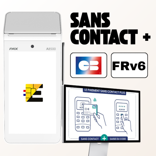 Cette image illustre la fonctionnalité "Sans contact +" du terminal de paiement PAX A8500, une évolution rendue possible par la nouvelle norme monétique FRv6. Le visuel met en avant les logos CB et FRv6 pour souligner cette capacité, qui permet d'effectuer des paiements sans contact même au-delà du plafond habituel de 50 €. Un schéma explicatif détaille le processus simple et rapide : le client approche sa carte du terminal, et si le montant est élevé, l'appareil l'invite directement à saisir son code PIN sur le clavier, éliminant ainsi le besoin d'insérer la carte dans le lecteur. Cette technologie, comme le précise le texte, fluidifie les transactions de montants plus importants, offrant un gain de temps considérable et une meilleure expérience pour le client. Terminal de paiement PAX A8500 avec fonction de paiement sans contact plus (PIN Online) pour les transactions de plus de 50 euros