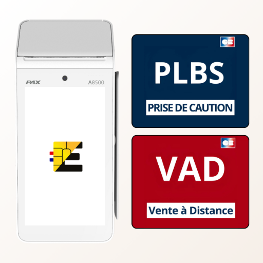 Cette image illustre deux fonctionnalités de paiement avancées, la Vente à Distance (VAD) et la Prise de Caution (PLBS), qui sont incluses de base sur tous les terminaux de paiement PAX grâce à leur application native PAX FRv6. La fonctionnalité VAD, symbolisée par le logo rouge, est un atout majeur pour les commerçants qui prennent des commandes par téléphone, comme les fleuristes, en leur permettant de saisir manuellement les 16 chiffres de la carte d'un client directement sur le terminal pour régler un achat. La fonctionnalité PLBS, représentée par le logo bleu, est conçue pour la location de biens et services ; elle permet de prendre une empreinte de carte bancaire en guise de caution et de décider au retour du matériel s'il faut l'encaisser en totalité, en partie ou l'annuler. Ces deux outils puissants ne sont pas des options coûteuses mais des atouts intégrés en standard, offrant plus de flexibilité et d'opportunités de vente aux professionnels sans surcoût. terminaux de paiement pax technology plbs et vad incluses