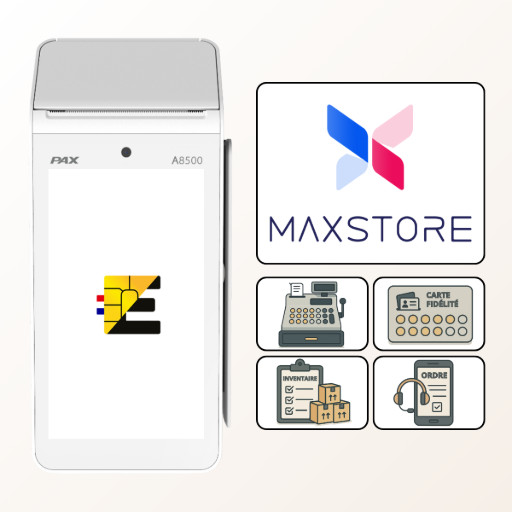 PAX A8500 et MAXSTORE - Personnalisez votre terminal avec des applications métier Terminal de paiement PAX A8500 avec interface MAXSTORE affichant le catalogue d'applications