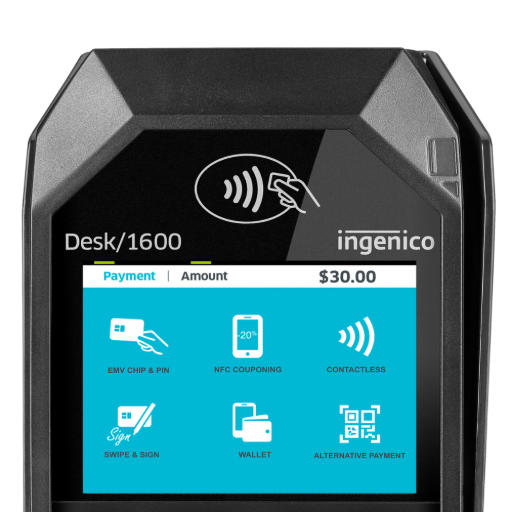 Ingenico Desk 1600 : Zone de paiement Sans Contact NFC pour cartes et mobile (Apple Pay, Google Pay).