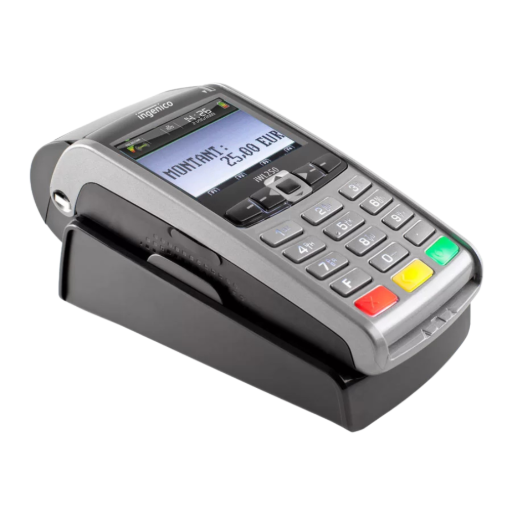 Terminal de Paiement iWL250 Ingenico sans fil posé sur son Socle de Rechargement Officiel