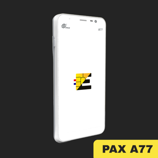 L'image montre un terminal de paiement PAX A77 blanc. L'appareil est très fin, ressemblant à un smartphone, avec un grand écran tactile vertical. Le logo 'E' stylisé (jaune, noir, rouge) est affiché au centre de l'écran. tpe pax a77