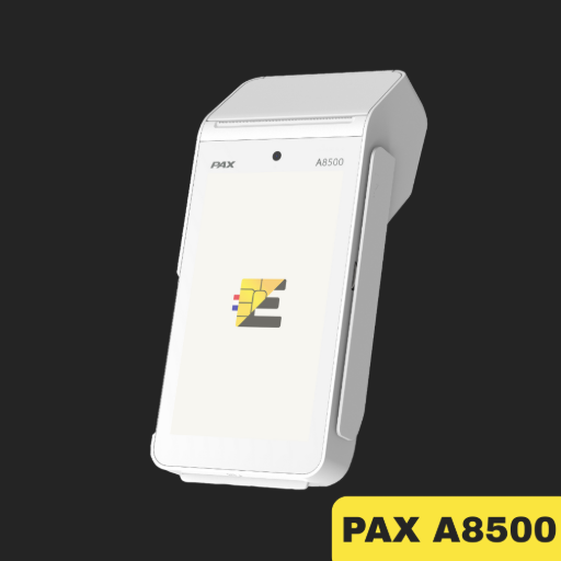 L'image montre un terminal de paiement PAX A8500 blanc. C'est un appareil de comptoir robuste avec une imprimante de reçus intégrée visible sur la partie supérieure. Le logo 'E' stylisé est imprimé sur l'écran. tpe pax a8500
