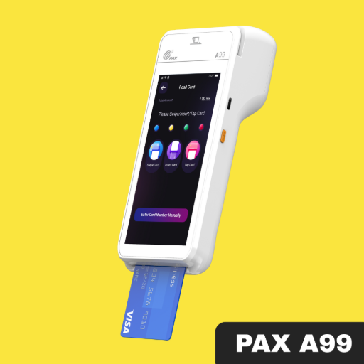 L'image montre un terminal de paiement PAX A99 blanc. Il présente un design vertical moderne, similaire à un smartphone, avec un grand écran tactile affichant des icônes d'applications. Une carte bancaire bleue est insérée dans la fente pour carte à puce située au bas de l'appareil. tpe pax a99