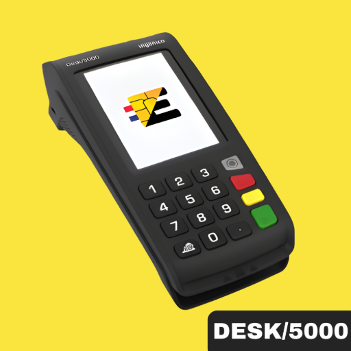 L'image montre un terminal de paiement DESK/5000 noir. Il s'agit d'un modèle de comptoir traditionnel, avec un clavier physique numérique, des touches de fonction colorées (rouge, jaune, vert) et un écran couleur. Le logo 'E' stylisé est affiché sur l'écran. tpe ingenico desk/5000