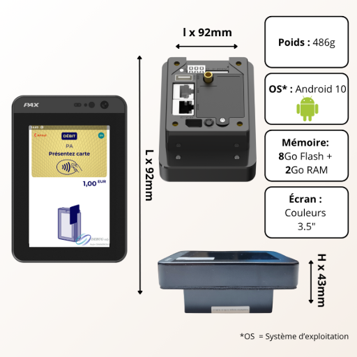 L'image est une fiche technique complète présentant le terminal de paiement PAX IM25. Elle se compose de deux parties principales : à gauche, une représentation visuelle du produit accompagnée de ses dimensions et de quelques spécifications clés ; à droite, une description textuelle détaillée des caractéristiques techniques. Sur la partie gauche, le terminal est illustré sous différents angles. On y voit une vue de face avec l'écran allumé affichant une application de paiement où "Présenter carte" et un montant de "1,00 EUR" sont visibles. Une vue éclatée du dos révèle les composants internes et les connecteurs. Une vue latérale inférieure complète ces illustrations. Les dimensions physiques sont clairement indiquées, avec une largeur de 92mm et une hauteur de 92mm pour le terminal seul, et une hauteur totale de 43mm une fois posé. Des bulles d'information précisent le poids de 486 grammes, le système d'exploitation Android 10, la mémoire comprenant 8 Go de Flash et 2 Go de RAM, et un écran couleur de 3,5 pouces. Une note en bas de cette section confirme que "OS" signifie "Système d'exploitation". Une bannière horizontale, située sous ces illustrations, met en avant le nom "PAX MPAV6" en association avec le terminal. La partie droite de l'image fournit les "Détails Techniques du PAX IM25" de manière exhaustive. Le terminal fonctionne sous PayDroid (Android 10) et est équipé d'un processeur Quad-Core Cortex-A53 + ARM, soutenu par 2 Go de LPDDR4 RAM et 8 Go de Flash. Son écran tactile de 3,5 pouces est un TFT LCD d'une résolution de 480 x 320 pixels, protégé par du verre trempé. Il intègre un clavier virtuel PIN-on-Glass certifié et un capteur de proximité qui allume automatiquement l'écran. Le lecteur de carte est sans contact, compatible ISO 14443 Type A/B. Une caméra de 2 mégapixels permet le scan de codes 1D/2D, et un haut-parleur intégré fournit un feedback sonore. Il n'y a pas d'imprimante intégrée. Le terminal accepte une large gamme de paiements incluant NFC, EMV sans contact, QR codes, et les portefeuilles mobiles tels qu'Apple Pay, Google Pay, Samsung Pay et Garmin Pay. Sa connectivité est très complète avec Ethernet (RJ45), Wi-Fi, Bluetooth et une option 3G/4G. Il dispose de divers ports périphériques : 1x RS232, 1x USB, 1x MDB et 1x LAN, et est alimenté via USB-C ou 7V-48V DC par MDB ou RS232. Il possède deux slots SAM (Secure Access Module) et est certifié PCI PTS v6 SRED pour la sécurité. Les certifications réseaux incluent MasterCard Contactless, Visa payWave, JCB J/Speedy, Amex ExpressPay et Discover D-PAS. Concernant la robustesse, il affiche un indice de protection IP65 (résistant à la poussière et aux jets d'eau) et IK09 (résistance aux chocs de 10 joules). Il peut fonctionner dans une large plage de températures, de -20°C à +70°C, avec une humidité relative de 5% à 95% sans condensation, et une température de stockage de -30°C à 70°C. Ses dimensions extérieures sont de 108 x 75 x 43 mm (Longueur x Hauteur x Profondeur) et sa découpe d'installation de 73 x 61 mm (Longueur x Hauteur). Le terminal pèse 486 grammes et supporte les protocoles d'intégration MDB et VendLink (commercialisé séparément par PAX France). L'architecture logicielle repose sur le pilotage App2App de l'application PAX MPAV6. Fiche technique complète PAX IM25 : caractéristiques, dimensions (poids, mémoire), spécifications pour Terminal de Paiement Automate (TPA).