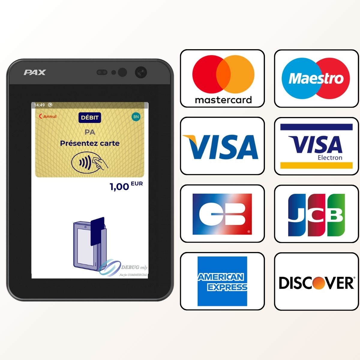 L'image illustre le concept de paiement sans contact via la technologie NFC avec le terminal PAX IM25. Au centre, le terminal PAX IM25 est montré avec l'écran affichant "PAIEMENT ACCEPTE". Une main stylisée avec une icône NFC émet des ondes vers le terminal, symbolisant la transaction sans contact. Autour de cette main, plusieurs appareils compatibles avec le paiement sans contact sont représentés : un smartphone affichant l'application "Wallet" (qui pourrait être Apple Pay), une montre connectée (comme une Fitbit Versa) montrant une carte bancaire, un petit objet connecté en forme de panda blanc et noir, et un petit boîtier blanc et un porte-clés, tous symbolisant la diversité des supports de paiement sans contact. À droite de l'image, une colonne de logos met en évidence les différentes solutions de paiement mobile acceptées : Apple Pay, Google Pay, Samsung Pay, un logo générique NFC, et Garmin Pay. Le texte de l'infobulle explique que le terminal intègre un lecteur sans contact NFC ultra-performant. Il accepte non seulement les cartes bancaires physiques, mais aussi les portefeuilles mobiles (Apple Pay, Google Pay, Samsung Pay, Garmin Pay), les montres connectées et d'autres objets compatibles NFC. L'avantage technique clé est que le lecteur sans contact est intégré directement à l'arrière de l'écran tactile, assurant une excellente captation des paiements, éliminant le besoin d'un lecteur déporté, et offrant une expérience utilisateur fluide. Le paiement est décrit comme "Simple, rapide, universel", représentant la nouvelle génération du sans contact pour les automates. Lecteur de carte PAX IM25 acceptant toutes les cartes majeures : Mastercard, Visa, CB, American Express, JCB, Maestro.