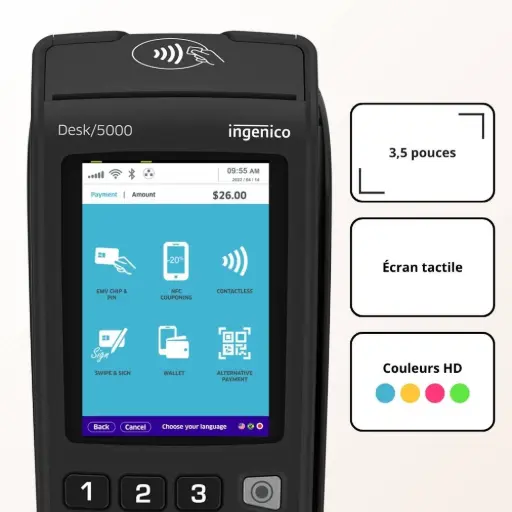 Terminal Ingenico Desk 5000 avec écran tactile couleur HD 3,5 pouces et clavier rétroéclairé avec repères tactiles pour malvoyants