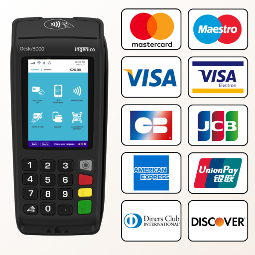 Terminal de paiement Ingenico Desk 5000 avec logos des cartes acceptées : CB, Visa, Mastercard, American Express, Maestro, Visa Electron, JCB, UnionPay, Diners Club, Discover et tickets restaurant