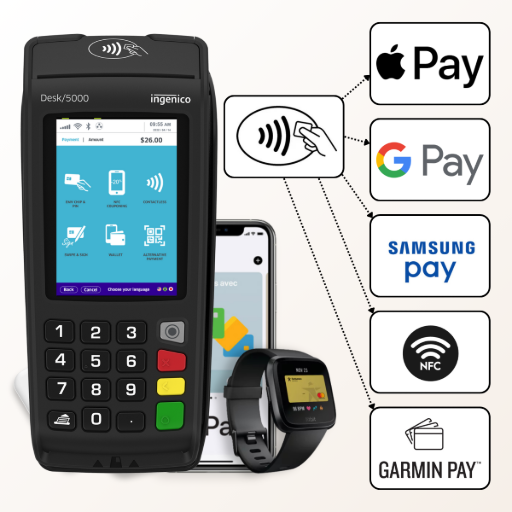 Acceptez tous les paiements sans contact : carte, smartphone, montre connectée... Tous les moyens, sans exception Terminal Ingenico Desk 5000 NFC avec logos des paiements sans contact : Apple Pay, Google Pay, Samsung Pay, Garmin Pay, cartes bancaires contactless, smartphones et montres connectées