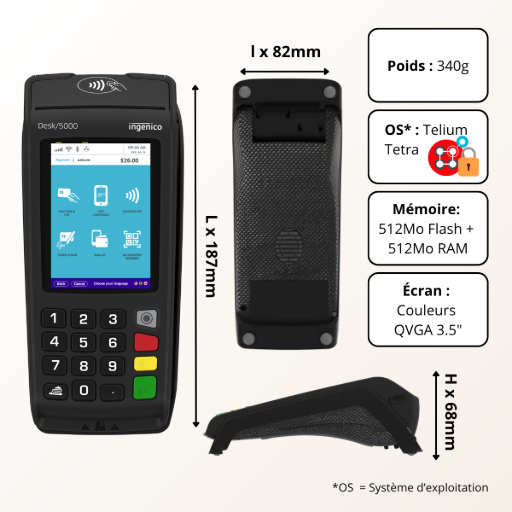 Caractéristiques techniques détaillées : toutes les specs du Desk 5000 en un coup d'œil Fiche technique complète du terminal Ingenico Desk 5000 avec dimensions, poids, écran tactile 3,5 pouces, processeur, mémoire et système Telium TETRA