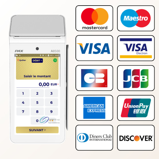 Terminal de paiement PAX A8500 acceptant les cartes bancaires CB, Visa, Mastercard, Maestro, Visa Electron, American Express et UnionPay