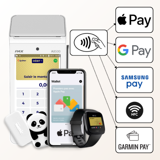 Terminal de paiement PAX A8500 acceptant le paiement sans contact par carte bancaire, Apple Pay, Google Pay et Samsung Pay