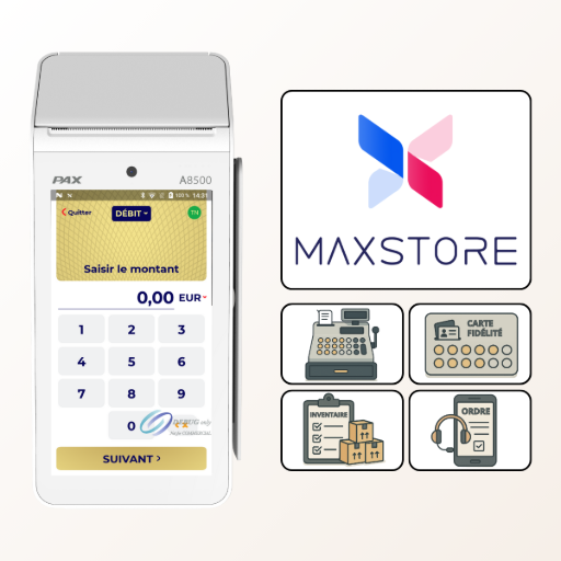 Terminal de paiement PAX A8500 avec interface MAXSTORE affichant le catalogue d'applications