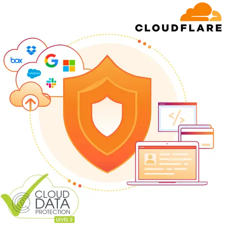 Logo Cloudflare certifiant la protection DNS et la sécurité des données (Cloud Data Protection Niveau 2)
