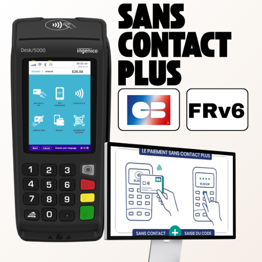 Terminal Ingenico Desk 5000 FRv6 avec paiement sans contact PIN Online pour transactions par carte bancaire supérieures à 50 euros