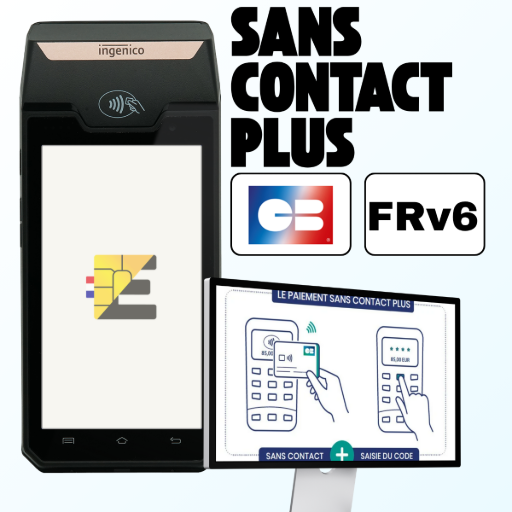 L'image montre le terminal de paiement fixe Ingenico DX4000. À ses côtés, un visuel affiche le titre en lettres capitales 'SANS CONTACT PLUS' avec les logos 'CB' et 'FRv6', accompagné d'un schéma illustrant le paiement sans contact suivi de la saisie du code. Le texte à droite, titré 'Découvrez le sans contact plus sur le DX4000', met en avant la technologie PIN Online (liée à la norme FRv6). Elle permet de révolutionner l'encaissement en acceptant les paiements sans contact pour les transactions dépassant 50€. Le fonctionnement est détaillé : le client pose sa carte et, si le montant dépasse le plafond standard, il compose simplement son code PIN sur l'écran, rendant l'insertion de la carte obsolète. Cette solution allie la vitesse du sans contact à la sécurité du code pour une fluidité et une modernité accrues au point de vente. tpe ingenico dx4000 sans contact plus