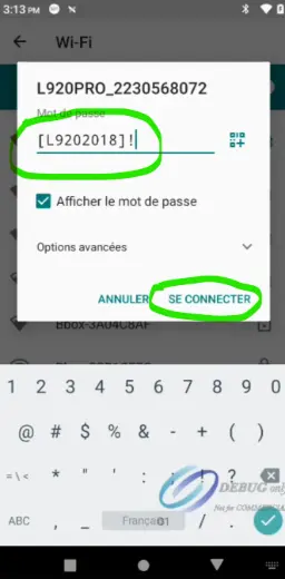 Écran de saisie du mot de passe Wifi sur le TPE PAX pour la connexion à la base L920Pro
