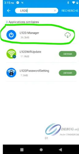 Capture d'écran du MAXSTORE affichant la fiche d'installation de l'application L920-Manager pour TPE PAX