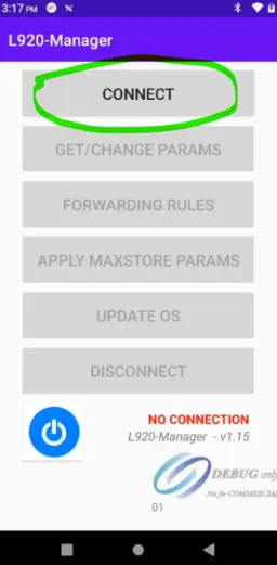 Interface de l'application L920-Manager sur TPE PAX avec le bouton CONNECT en surbrillance