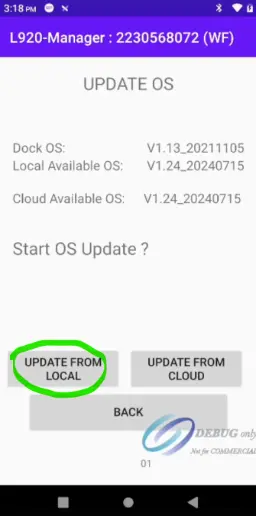 Interface de l'application L920-Manager affichant l'option "UPDATE FROM LOCAL" pour la mise à jour du firmware de la base