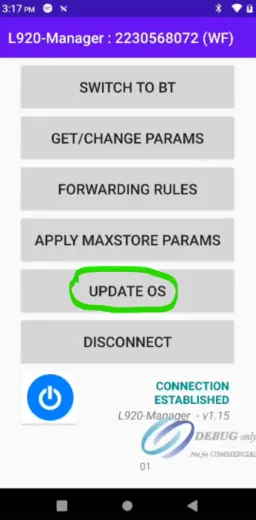Interface de l'application L920-Manager sur le terminal, mettant en évidence le bouton "UPDATE OS" pour la mise à jour du socle
