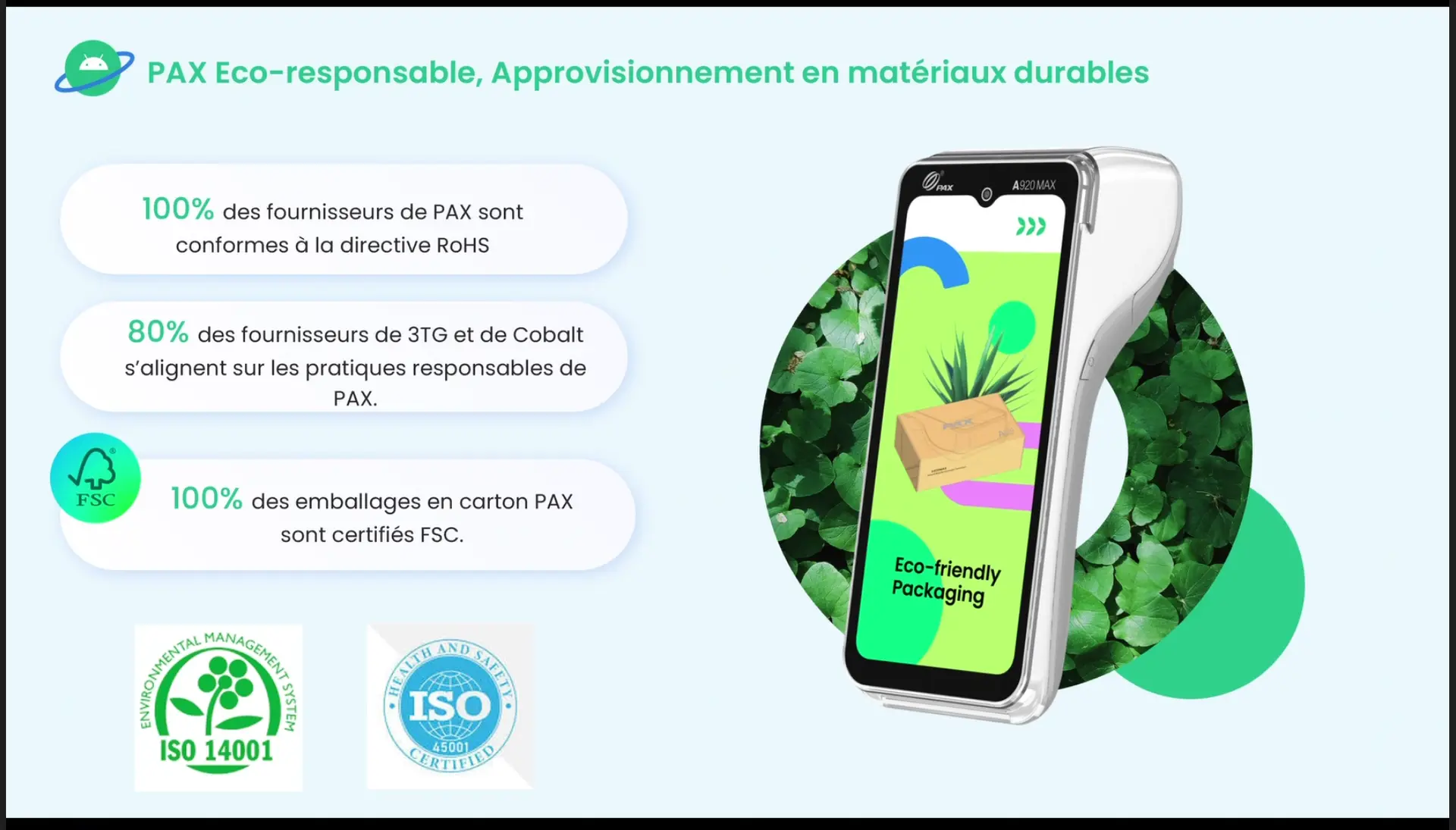PAX Eco-responsable : Matériaux durables, emballages FSC et certifications ISO. Infographie détaillant l'approvisionnement durable de PAX : 100% des fournisseurs conformes à la directive RoHS, 80% alignés sur les pratiques responsables pour les minerais (3TG/Cobalt) et 100% des emballages certifiés FSC. L'image affiche également les certifications ISO 14001 (Environnement) et ISO 45001 (Santé/Sécurité).