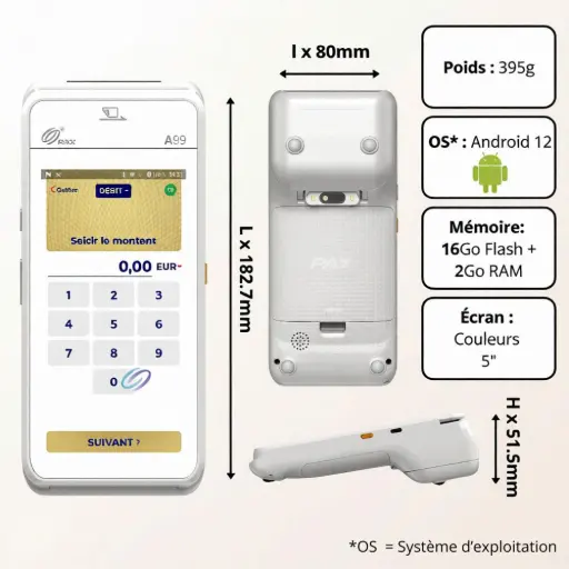 L'image présente les spécifications techniques du terminal PAX A99, la version sans clavier physique (tactile). Sur la gauche, l'appareil est montré sous trois angles (face, dos, profil), avec des annotations graphiques précisant ses dimensions (182.7mm x 80mm x 51.5mm), son poids (395g), son système d'exploitation (Android 12), sa mémoire (8Go Flash + 1Go RAM) et son écran (Couleurs 5"). Le texte à droite fournit la liste complète des caractéristiques techniques. Il est précisé que le TPE fonctionne sous Système d'exploitation Paydroid (Android 12) avec un Processeur Cortex A53 Quad-Core. La mémoire de base est de 8 Go eMMC + 1 Go RAM (extensible par MicroSD jusqu'à 128 Go). L'écran principal est un 5 pouces FW (Option 5.5" HD+) tactile multipoint. Il est équipé de caméras (Arrière 0,3 MP, Avant 0,3 MP), et de tous les lecteurs de cartes (Puce, Sans contact, Bande magnétique). La connectivité inclut 4G, Wi-Fi 5 GHz et Bluetooth 5.0. La batterie standard est de 2600 mAh (option 5200 mAh), et il intègre une imprimante (80 mm/s), des ports USB Type-C et POGO PIN. Les Dimensions / Poids listés dans le texte sont 182.7 x 80 x 51.5 mm pour 407 g. La fiche mentionne aussi les nombreuses certifications (PCI PTS v6, EMV) et les accessoires (Adaptateur, Câble USB C). les caractéristiques techniques du tpe pax a99 version full tactile
