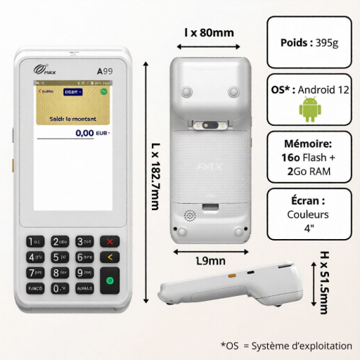 L'image présente les spécifications techniques du terminal PAX A99 (Version clavier). Sur la gauche, l'appareil est montré sous trois angles (face, dos, profil), avec des annotations graphiques précisant ses dimensions (182.7mm x 80mm x 51.5mm), son poids (395g), son système d'exploitation (Android 12), sa mémoire (8Go Flash + 1Go RAM) et son écran (Couleurs 4"). Le texte à droite, titré 'Détails techniques du TPE PAX A99 (Version clavier)', fournit la liste complète des caractéristiques. Il est précisé que le TPE fonctionne sous Paydroid (Android 12) avec un processeur Cortex A53 Quad-Core. La mémoire de base est de 8 Go eMMC + 1 Go RAM (extensible par MicroSD jusqu'à 128 Go). Il est équipé d'un écran principal de 4 pouces IPS tactile et d'une caméra arrière de 0,3 MP. Le terminal accepte tous les lecteurs de cartes (Puce, Sans contact NFC, Bande magnétique) et dispose d'une connectivité complète (4G/3G/2G, Wi-Fi, Bluetooth). La batterie standard est de 2600 mAh (avec une option 5200 mAh), et il intègre une imprimante (80 mm/s), des ports USB Type-C et POGO PIN, ainsi que 10 touches numériques. La fiche mentionne aussi les nombreuses certifications de sécurité (PCI PTS v6, EMV L1/L2) et les accessoires inclus (Adaptateur 5V/2A, Câble USB C). les caractéristiques techniques du tpe pax a99 version clavier physique