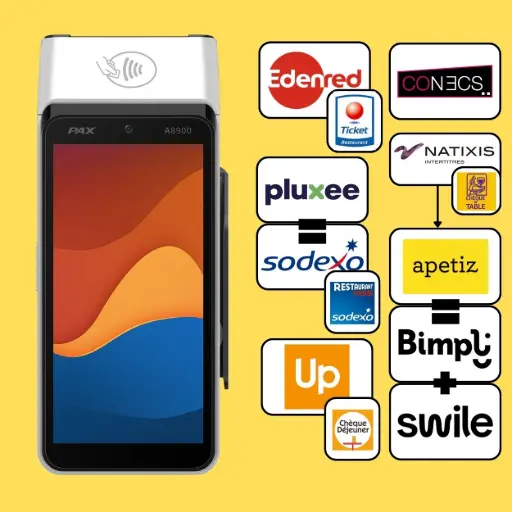 TPE mobile PAX A8900 compatible cartes titres restaurant Edenred, Sodexo, Swile et réseau CONECS