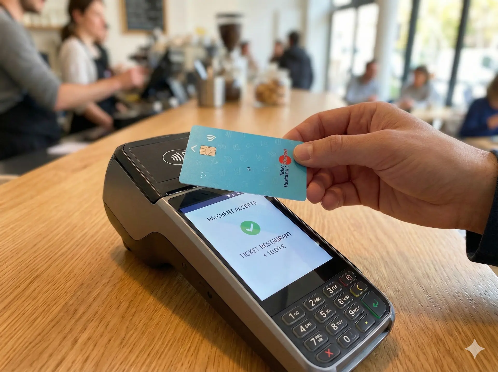 Paiement sans contact par carte titre-restaurant sur un TPE en restauration, avec confirmation de transaction à l'écran