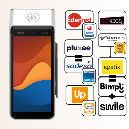 TPE mobile PAX A8900 compatible cartes titres restaurant Edenred, Sodexo, Swile et réseau CONECS