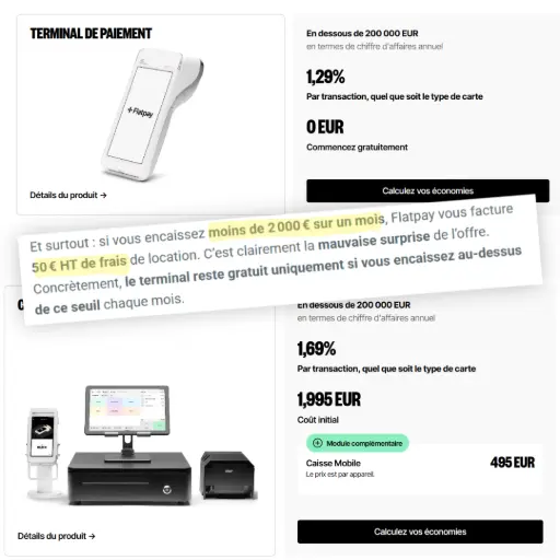 Capture d'écran des tarifs Flatpay : taux de 1,29% par transaction avec terminal gratuit, et 1,69% avec caisse enregistreuse, sous contrat de 36 mois