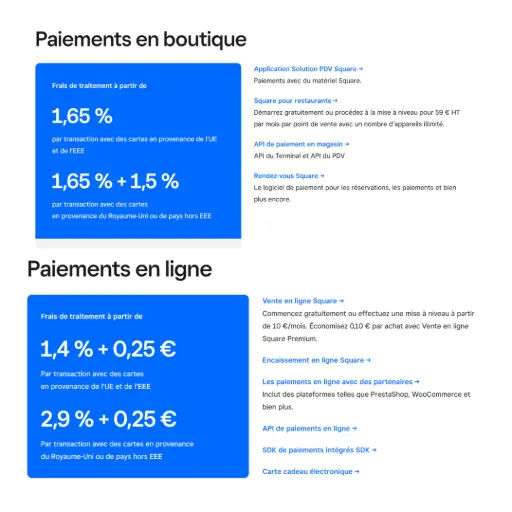 Capture d'écran des tarifs Square : 1,65% en boutique pour cartes européennes, 2% en saisie manuelle et 3,15% pour cartes hors zone euro