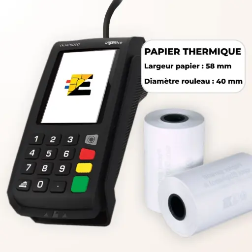 Schéma technique bobine papier thermique 58mm x 40mm pour terminal de paiement.
