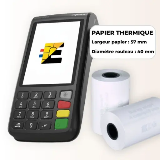 Schéma technique bobine papier thermique 58mm x 40mm pour terminal de paiement.
