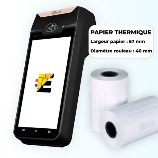 Schéma technique bobine papier thermique 58mm x 40mm pour terminal de paiement.