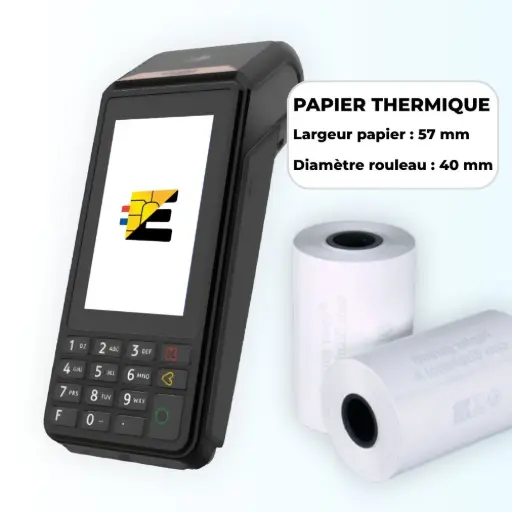 Schéma technique bobine papier thermique 58mm x 40mm pour terminal de paiement.
