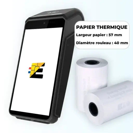 Schéma technique bobine papier thermique 58mm x 40mm pour terminal de paiement.