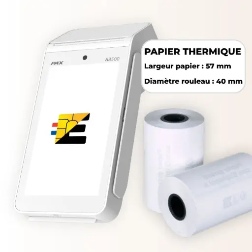 Schéma technique bobine papier thermique 58mm x 40mm pour terminal de paiement.