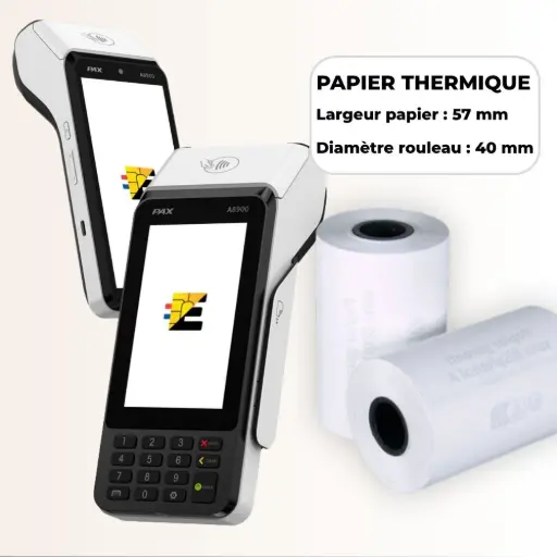 Format universel compatible : Bobines thermiques standards Largeur 58mm / Diamètre 40mm. Schéma technique bobine papier thermique 58mm x 40mm pour terminal de paiement.