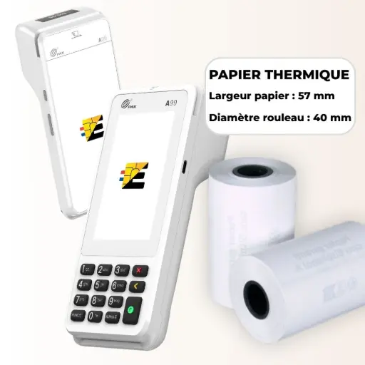 Format universel compatible : Bobines thermiques standards Largeur 58mm / Diamètre 40mm. Schéma technique bobine papier thermique 58mm x 40mm pour terminal de paiement.