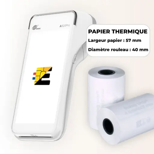 Schéma technique bobine papier thermique 58mm x 40mm pour terminal de paiement.