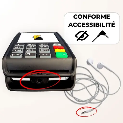 Terminal de paiement Desk 5000 avec prise Jack 3,5 mm et écouteurs, certifié Conforme Accessibilité pour les clients malvoyants via synthèse vocale